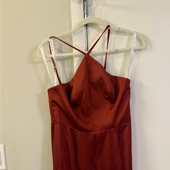Azazie Bona A-line stretch satin bridesmaid dress in a rust/burnt orange 4 - Picture 2 of 8